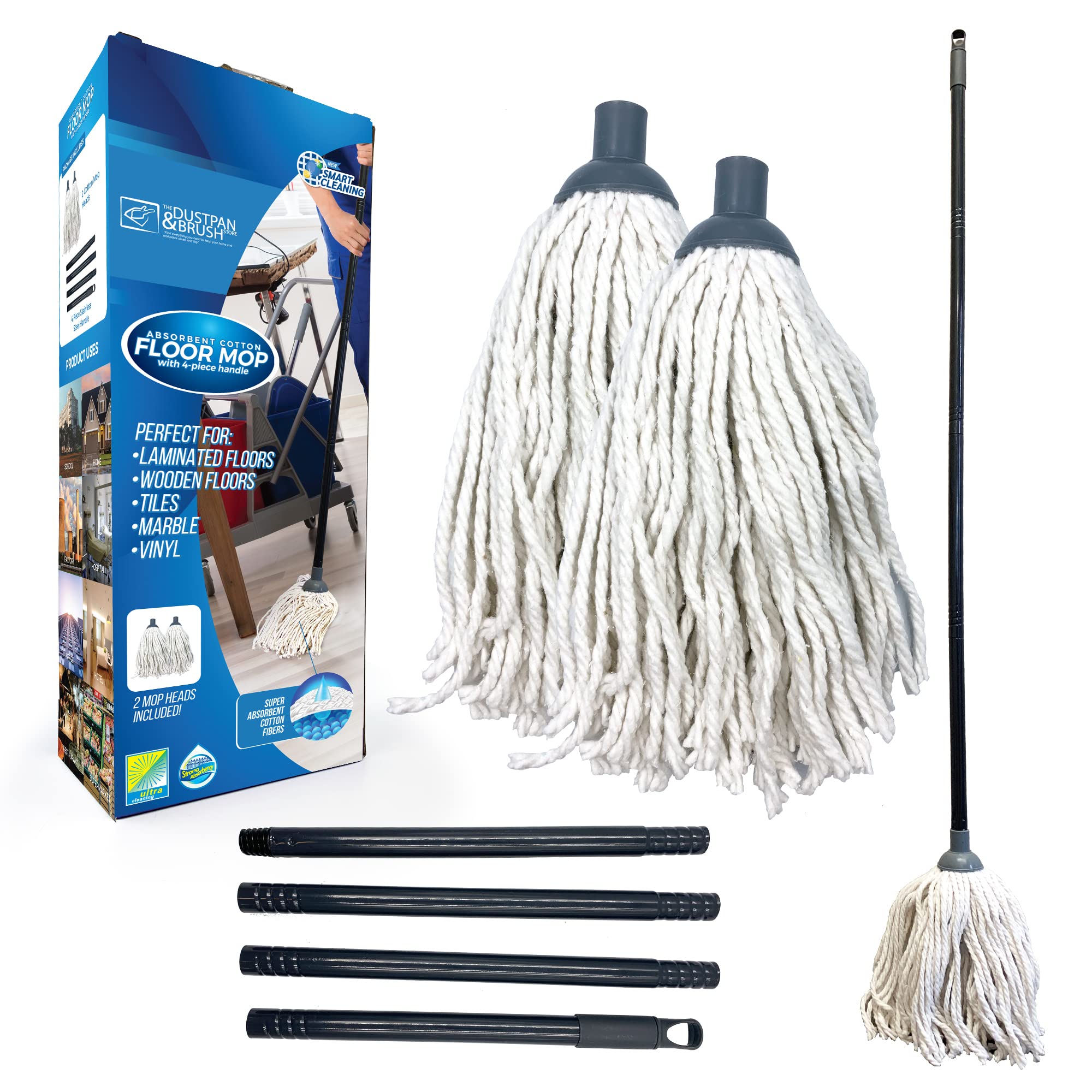 Cotton Floor Mops Mop System with Super Absorbent Cotton Head, 110cm Metal Handle and Extra Head Refill Effective Cleaning For Home, Office and Commercial Use