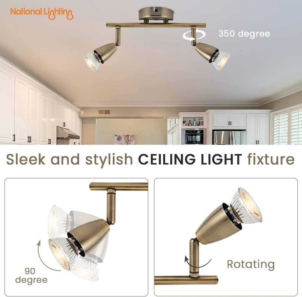 Amalfi 2 Way Adjustable Bar Spotlight Fixture - IP20 Semi Flush Ceiling Light - GU10 LED Compatible Spotlight Lamp - Residential and Commercial Dimmable Light Fitting | Antique Brass Finish