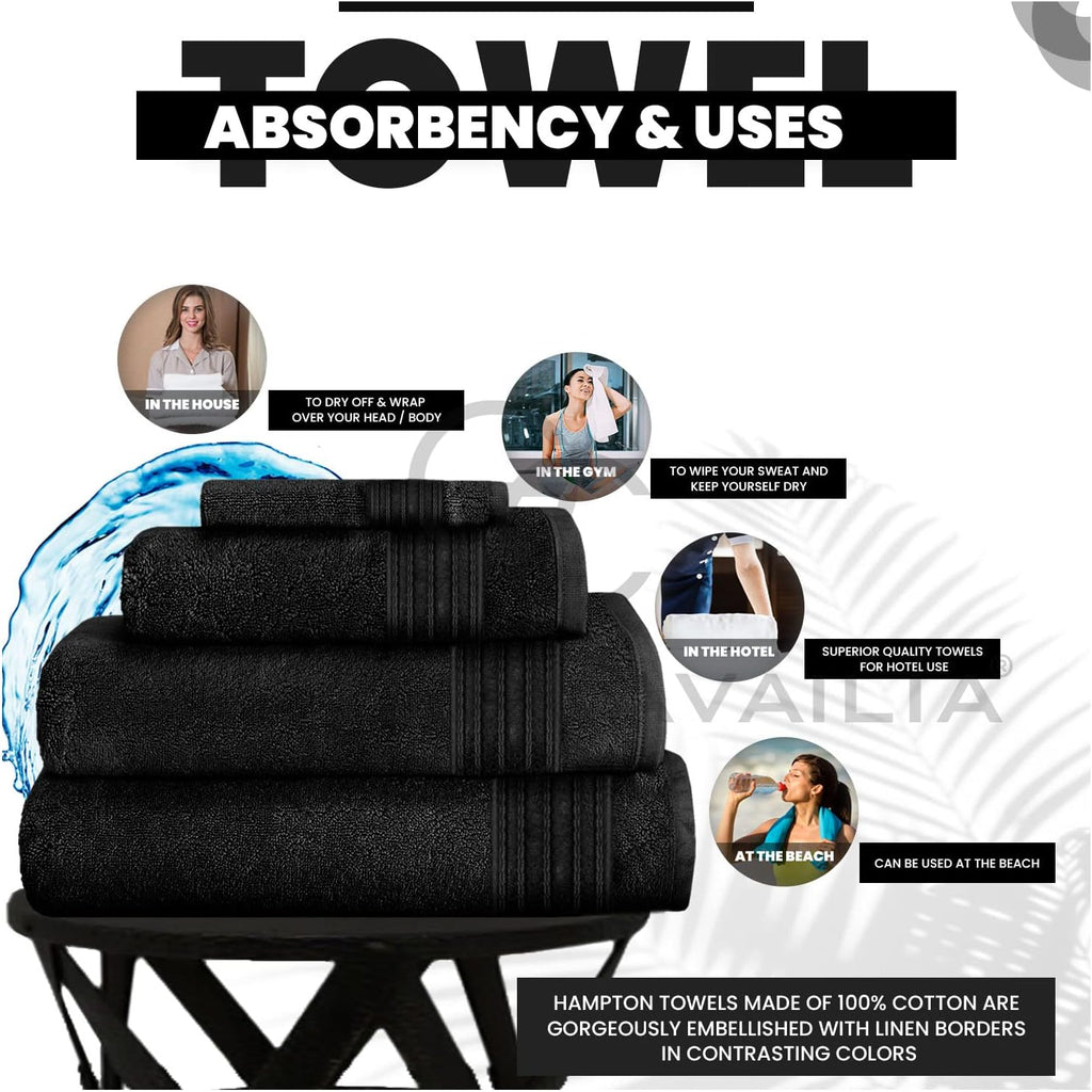 New Hampton Pack of 4 Bath Towel Set, 100% Ringspun Cotton, Extra Absorbent 450 GSM Luxury Bath Sheets, Black, 4PK