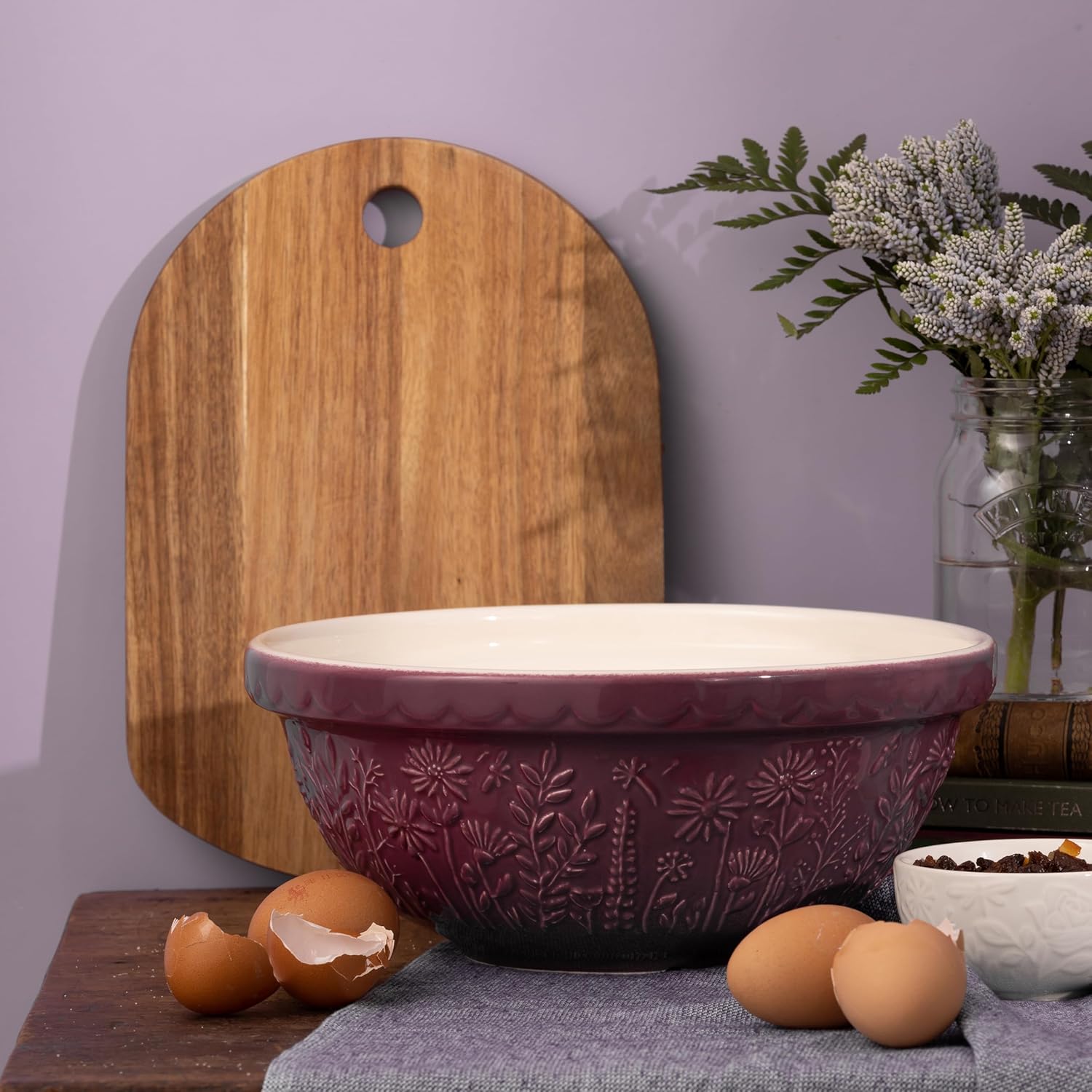 in The Meadow Size 18 Mixing Bowl 26cm | 2.7 Litre Floral Embossed Earthenware Bowl for Dough, Pastry & Cake Mixes | Dishwasher Safe