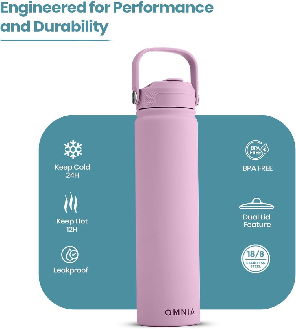 OMNIA Vacuum Insulated Stainless Steel Water Bottle, 2 Lids (Straw & Spout) Leakproof, BPA-Free, Reusable Flask, Hot & Cold Thermos for Sports, Gym, Travel, Outdoors (Soft Pink, 750ML)