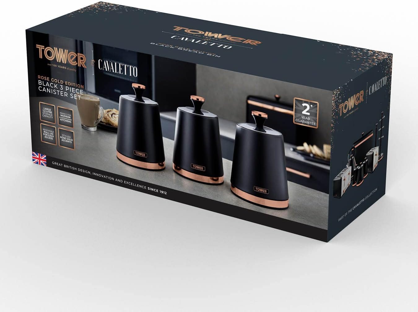 T826131BLK Cavaletto Set of 3 Storage Canisters for Tea/ Coffee/ Sugar, Steel, Black and Rose Gold