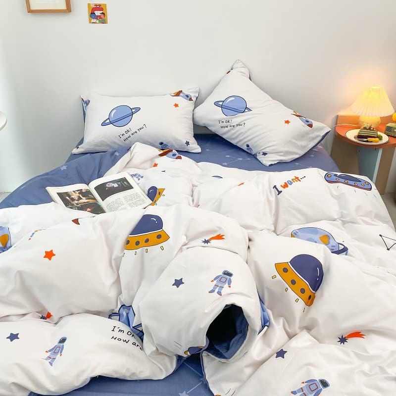 HAVOP 100% Cotton Duvet Cover Double Size Kids Boys Girls Cartoon Space Bedding Set Rocket Planet Stars Printed Quilt Cover Set White And Blue All Season Bedding Set, 200×200 cm