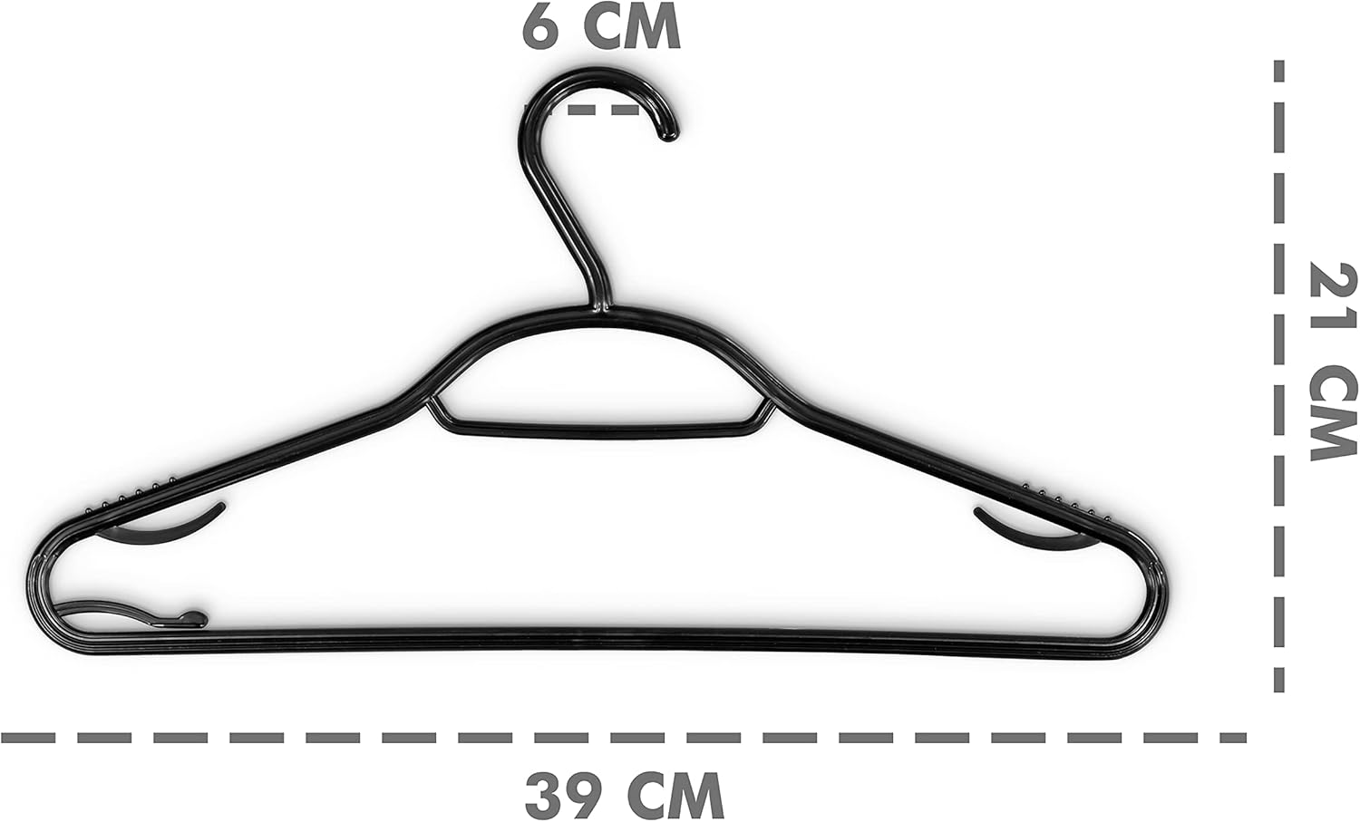 60 Pack 5-in-1 Clothes Hangers – Adult Plastic Coat Hangers for Wardrobe – Space Saving Storage Organiser Hangers with Tie Bar, Strap Hooks, Non-Slip Notches and Secure Lip (Black)