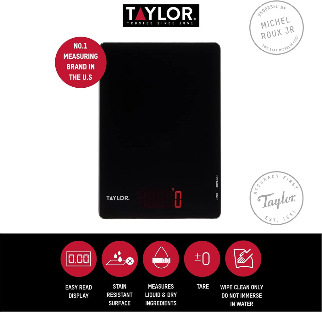 Pro Digital Ultra Thin Kitchen Food Scales, Compact Slimline Professional Standard with Tare Feature and Precision Accuracy, Black Glass, Weighs 5 kg Capacity