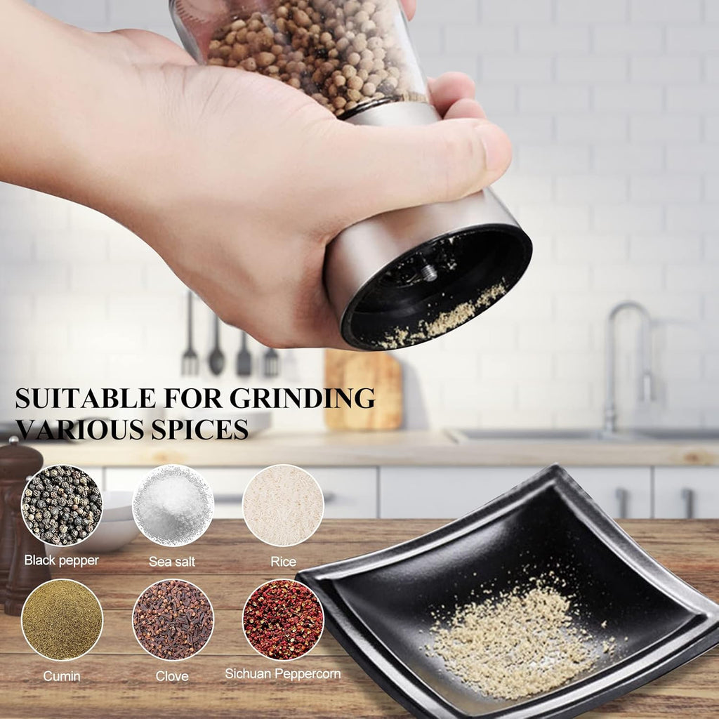 Stainless Steel Salt and Pepper Grinder, Refillable and Adjustable Coarseness Manual Pepper Mill, 5.3"x 2.5" Professional Grinder for Spices and Seeds, Fits in Home, Kitchen, Outdoor (2 Packs)