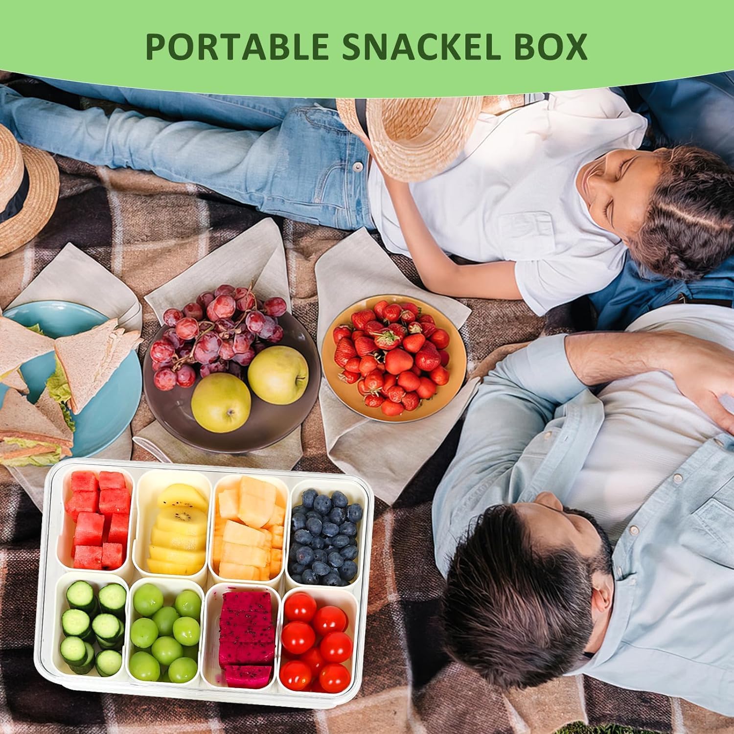 1 Pack Snackle Box, Divided Snack Tray with Lid and Handle, Tray 8 Removable Compartment Box, Reusable Snack Boxes for, Spices, Candy, Fruits, Nuts, Chips and Dip