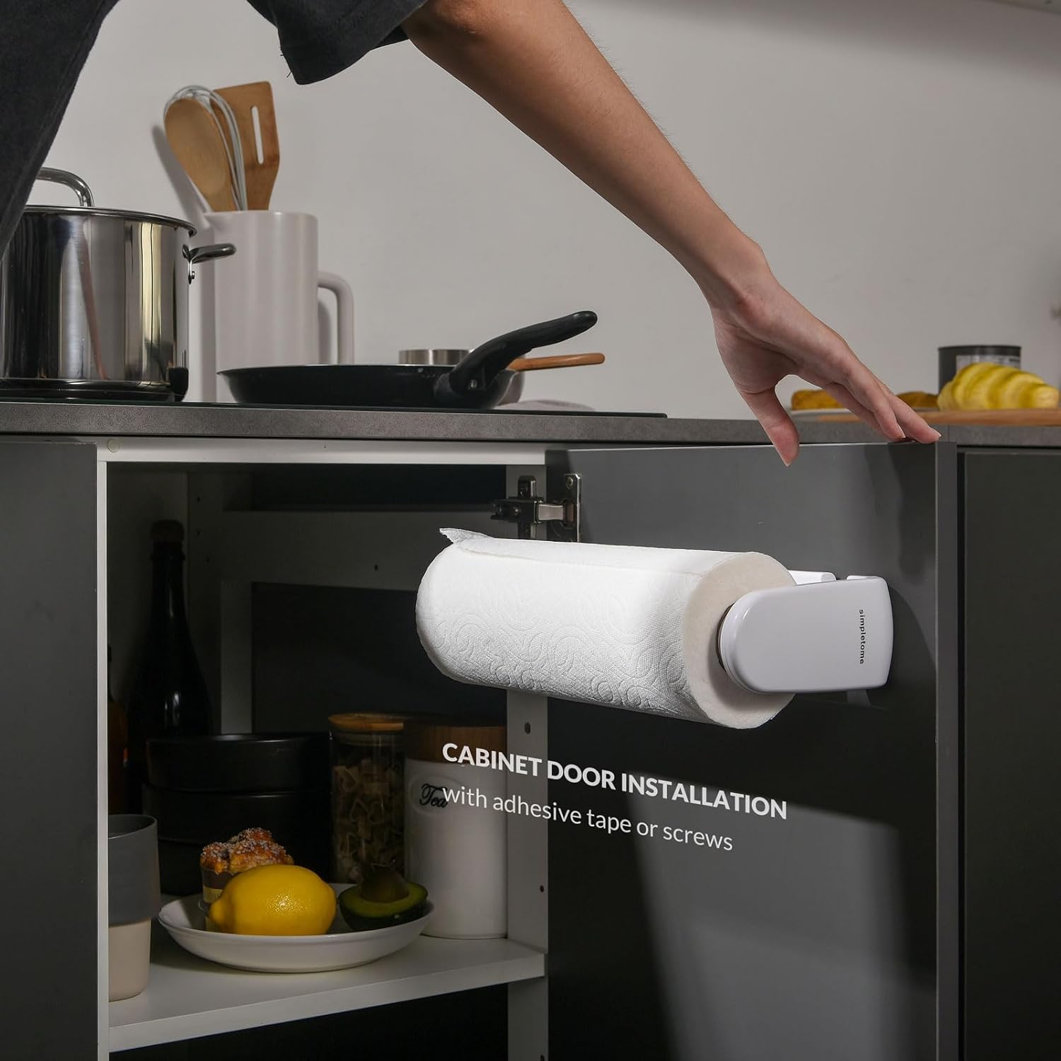 Paper Towel Holder Under Cabinet or Wall Mount ONE HAND Operation Tension Arm Kitchen Roll Holder (White, for 18-23cm/7-9inches roll)