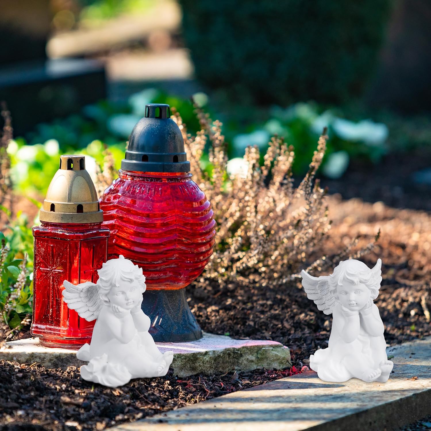 Relaxdays Grave Angel, Set of 2, Weatherproof, Frost-Proof, HxWxD: 10 x 7 x 9 cm, Decoration, Guardian, Polyresin, White