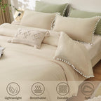 Beige and White Duvet Cover King Size Pom Pom Tassels Bedding Cover Soft Microfiber Bedding Set with Zipper Closure (220x230cm)