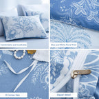 BOLINLIVING Floral Duvet Cover Queen Size 3 Pieces, Flower Duvet Cover with 2 Pillow Shams, Soft Floral Bedding Set White and Blue for All Season, Breathable, Zipper Closure, Queen(90''x90'')