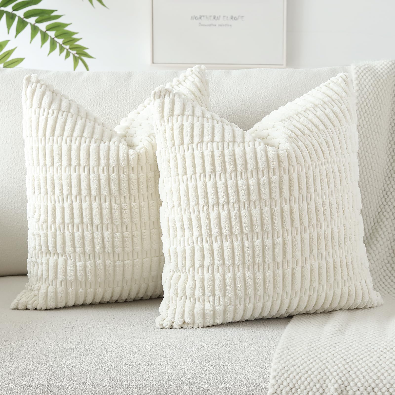 Set of 2 Corduroy Soft Striped Cushion Covers 45x45 cm Decorative Throw Pillow Covers Square Cushion Case Home Boho Decor Pillow Cases for Couch Sofa Bedroom 18x18 Inch (Cream White) Main image