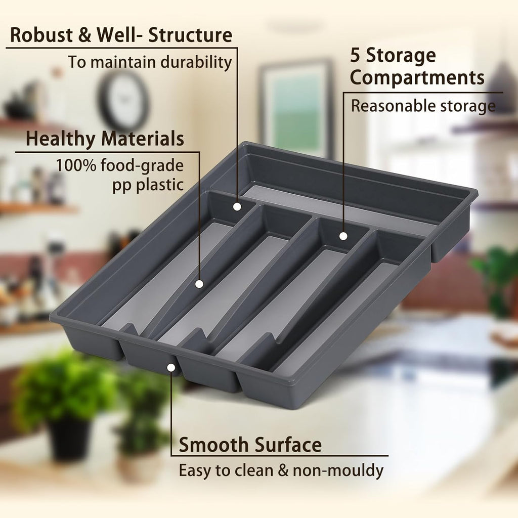 5-Compartment Cutlery Drawer Organiser, Plastic Cutlery Tray for Kitchen Utensil Storage, BPA Free & Non-Slip, Drawer Organiser with Dedicated Sections for Spoons, Forks, Knives(Grey)