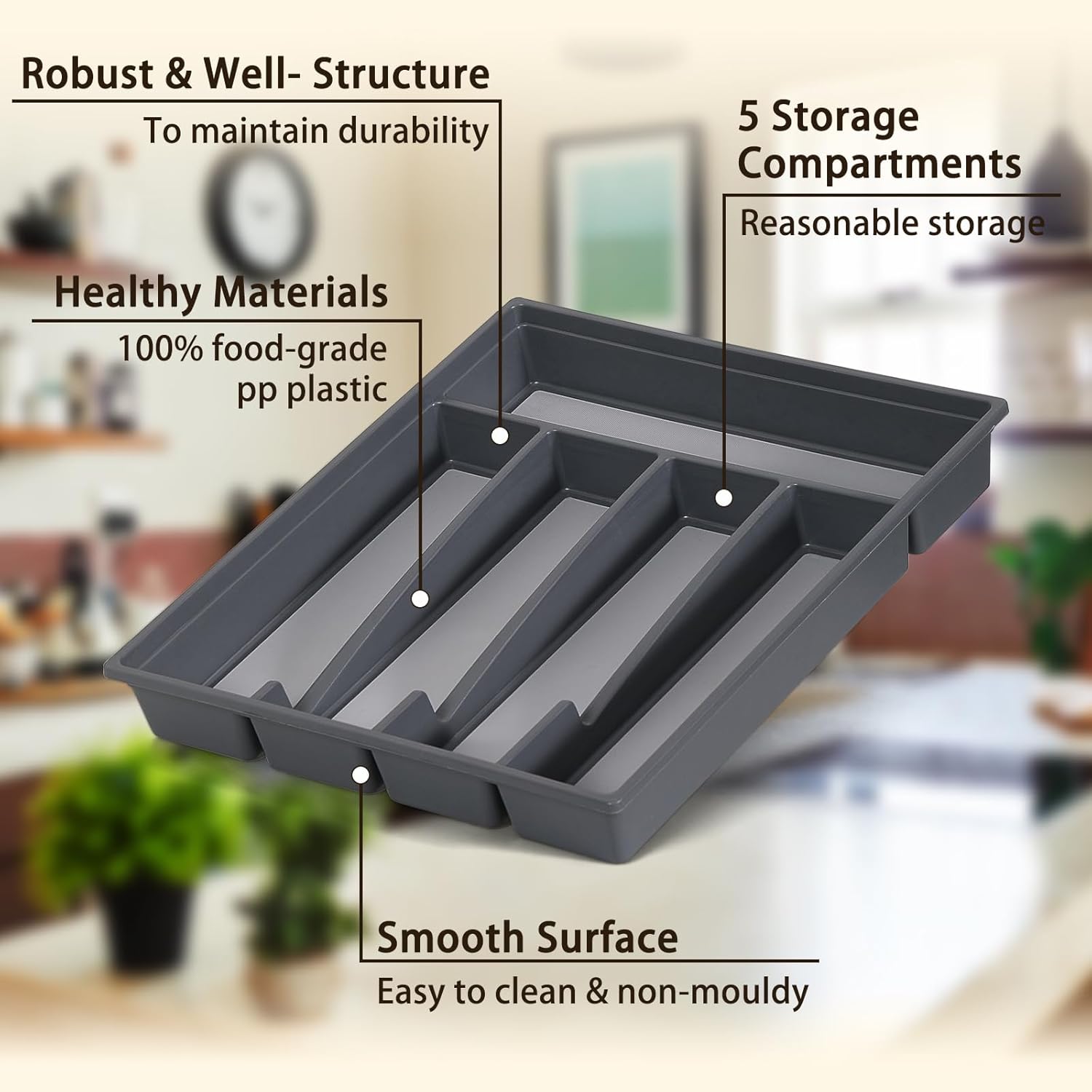 5-Compartment Cutlery Drawer Organiser, Plastic Cutlery Tray for Kitchen Utensil Storage, BPA Free & Non-Slip, Drawer Organiser with Dedicated Sections for Spoons, Forks, Knives(Grey)