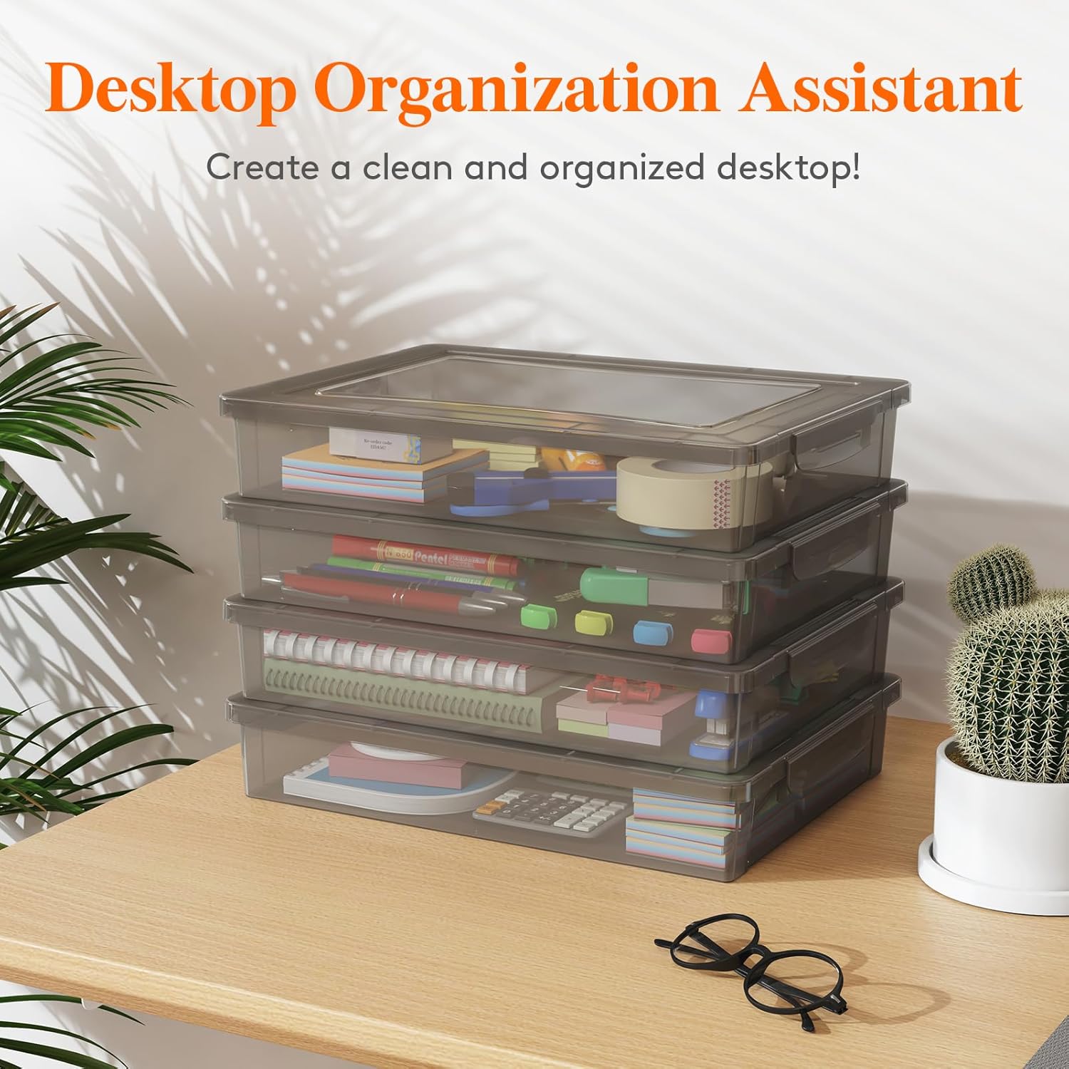 2 Pack Plastic Multi-Purpose Storage Box with Latching Lids, Gray A4 Paper Storage, Classroom Organization, Storage Containers for Board Game, Craft, Document, Magazine, Art Supplies