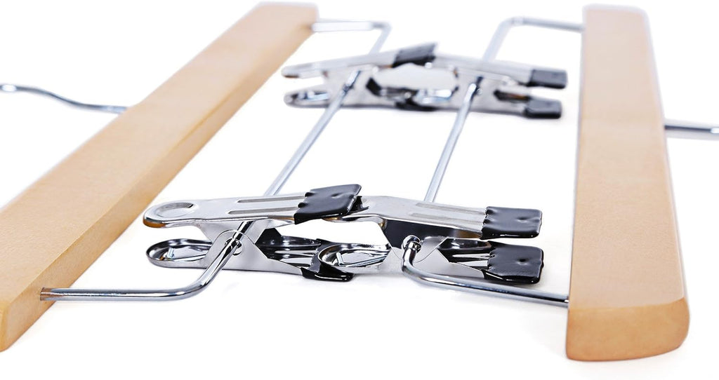 SONGMICS Skirt Hangers, Pack of 8, Solid Wood Trousers Hangers, with Non-Slip Clips for Pants Slacks, Shorts, Natural CRW008-8