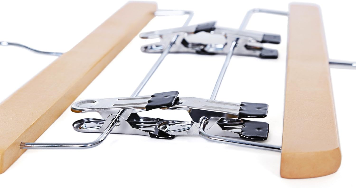 SONGMICS Skirt Hangers, Pack of 8, Solid Wood Trousers Hangers, with Non-Slip Clips for Pants Slacks, Shorts, Natural CRW008-8