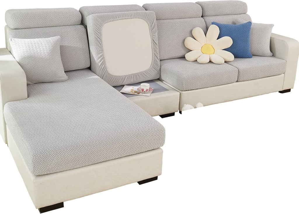 Super Stretch Sofa Cover 1 2 3 4 Seater L Shape, WearResistant Spandex Corner Sofa Cover Non Slip Sofa Slipcovers with Elastic Bottom, Great for Kids & Pets (Weave Light Grey, Backrest Cover)