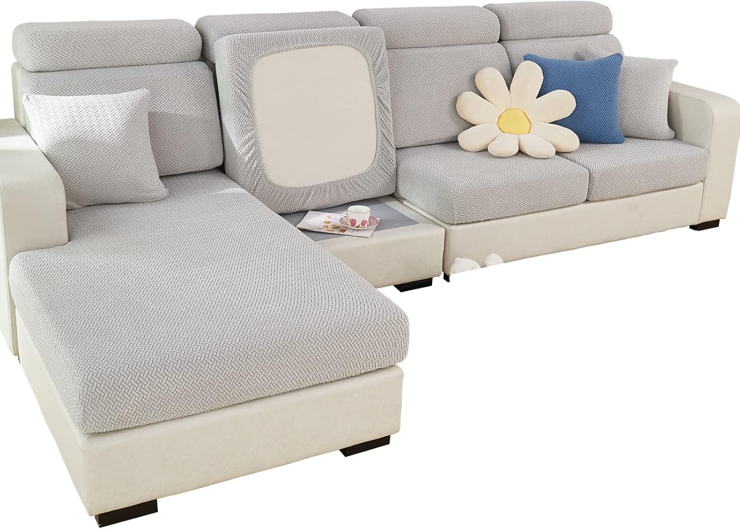 Super Stretch Sofa Cover 1 2 3 4 Seater L Shape, WearResistant Spandex Corner Sofa Cover Non Slip Sofa Slipcovers with Elastic Bottom, Great for Kids & Pets (Weave Light Grey, Backrest Cover)