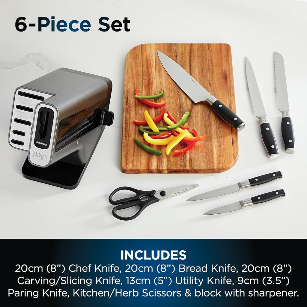 Foodi StaySharp Knife Block with Integrated Sharpener; 5 Knives and Scissors (1 pair), Sharp 6-Piece Knife Set; Chef, Bread, Slicing, Utility, Paring Knives & Scissors, Stainless Steel, K32006UK