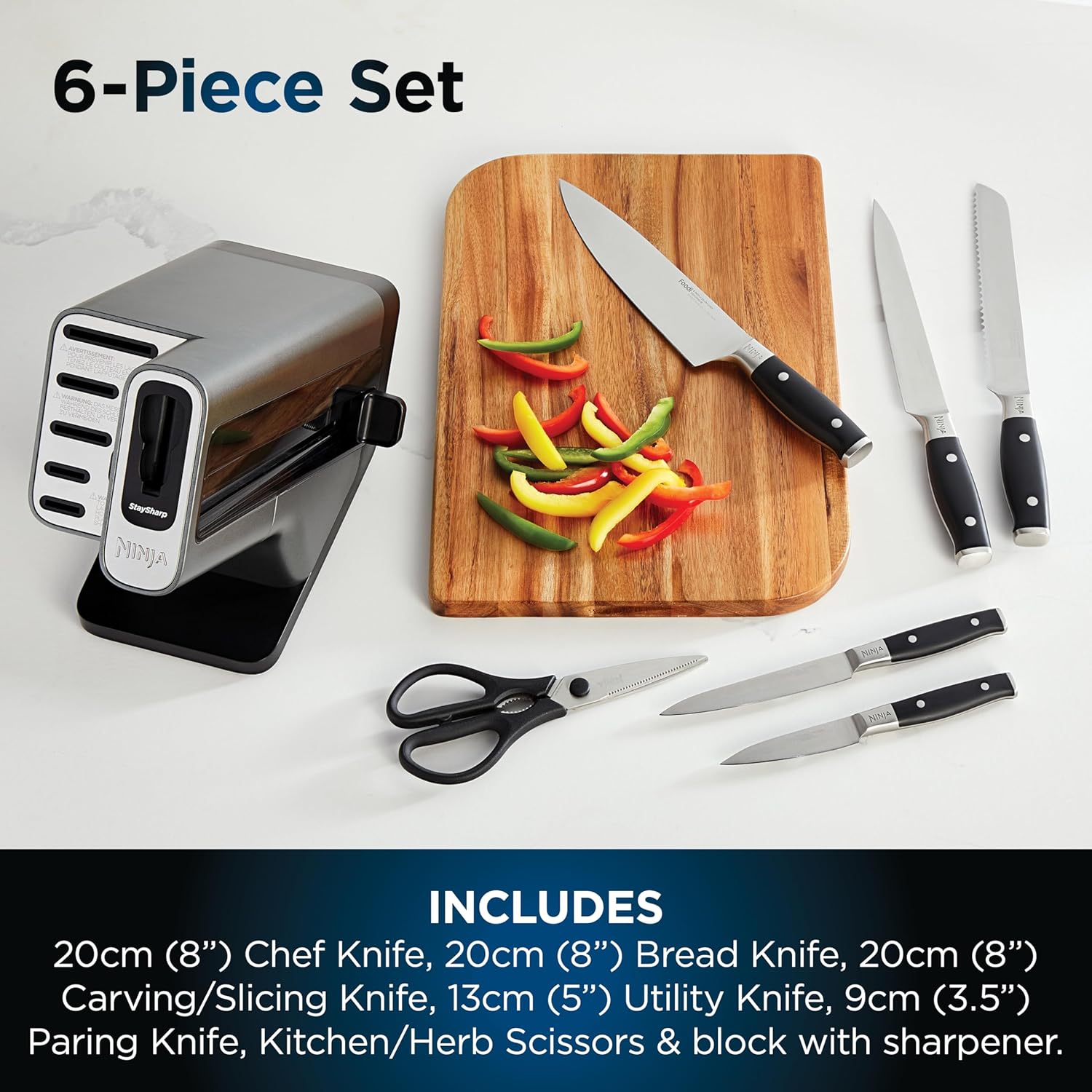 Foodi StaySharp Knife Block with Integrated Sharpener; 5 Knives and Scissors (1 pair), Sharp 6-Piece Knife Set; Chef, Bread, Slicing, Utility, Paring Knives & Scissors, Stainless Steel, K32006UK
