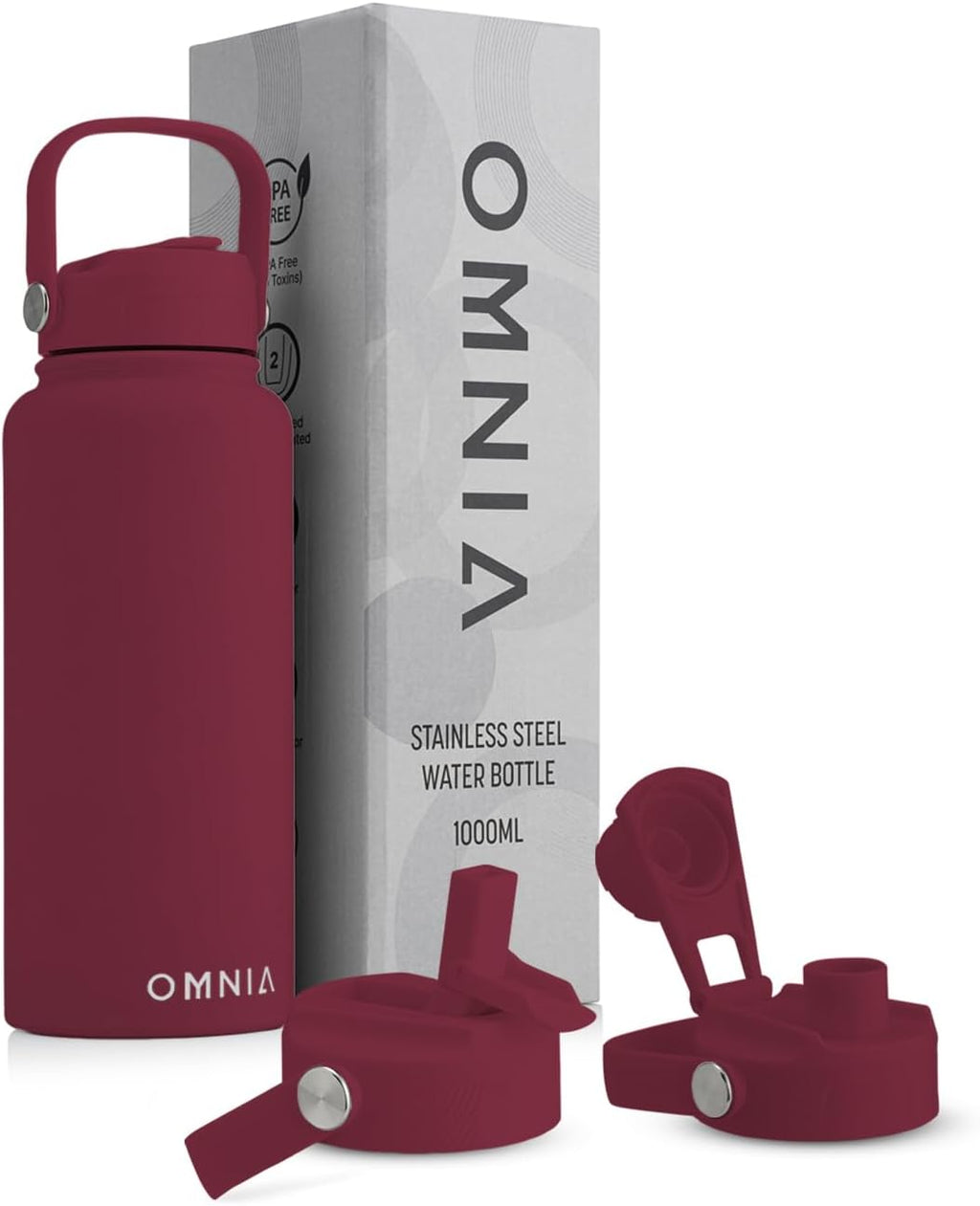 OMNIA Vacuum Insulated Stainless Steel Water Bottle, 2 Lids (Straw & Spout) Leakproof, BPA-Free, Reusable Flask, Hot & Cold Thermos for Sports, Gym, Travel, Outdoors (Burgundy, 1000ML)