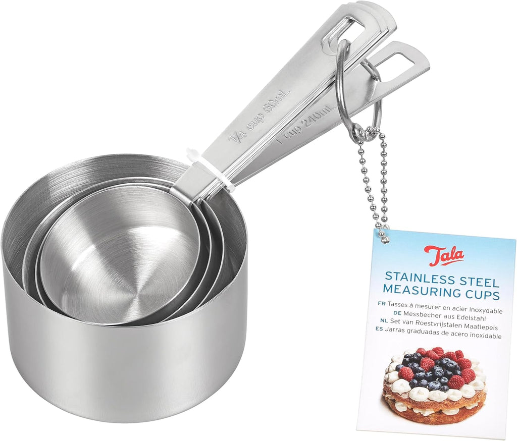 Stainless Steel Measuring Cups, Set of 4, Measurements in Millilitres and Cups, Nest Neatly for Storage, Metallic Silver