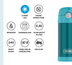 THERMOS Kids FUNTAINER Straw Bottle 0.35 L, Ocean Teal, thermos Flask for Children, Made of Stainless Steel, with Straw, 12 Hours Cold, Absolutely Leak-Proof, for School, Nursery, Break
