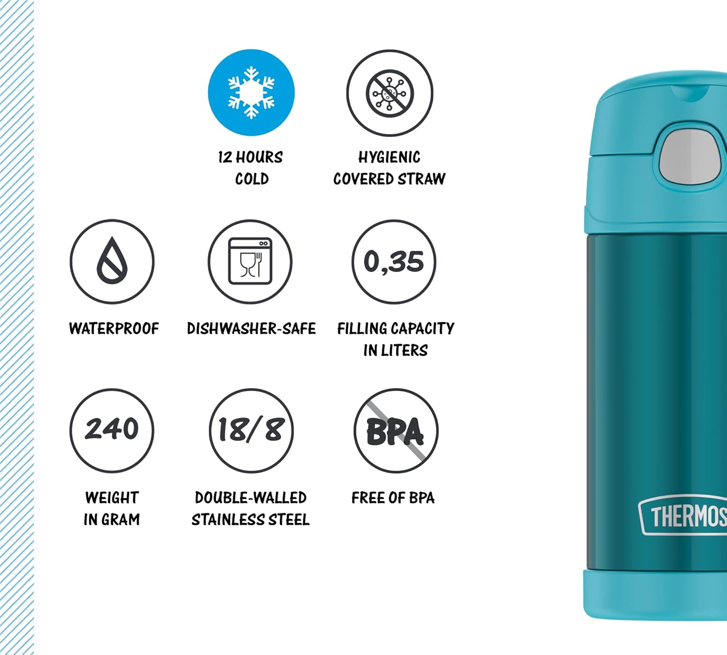 THERMOS Kids FUNTAINER Straw Bottle 0.35 L, Ocean Teal, thermos Flask for Children, Made of Stainless Steel, with Straw, 12 Hours Cold, Absolutely Leak-Proof, for School, Nursery, Break