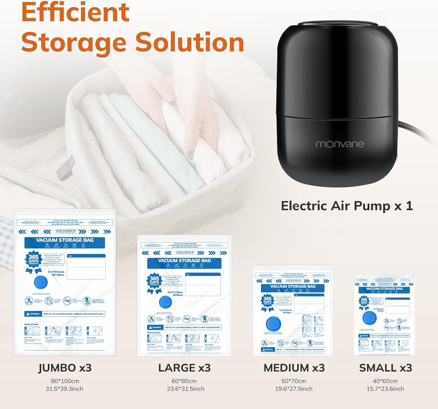 Vacuum Compression Storage Bags for Clothes - 12 Pack Reusable Space Saver Bags with Wired Electric Air Pump for travel (3 Jumbo + 3 Large + 3 Medium + 3 Small) Secondary image