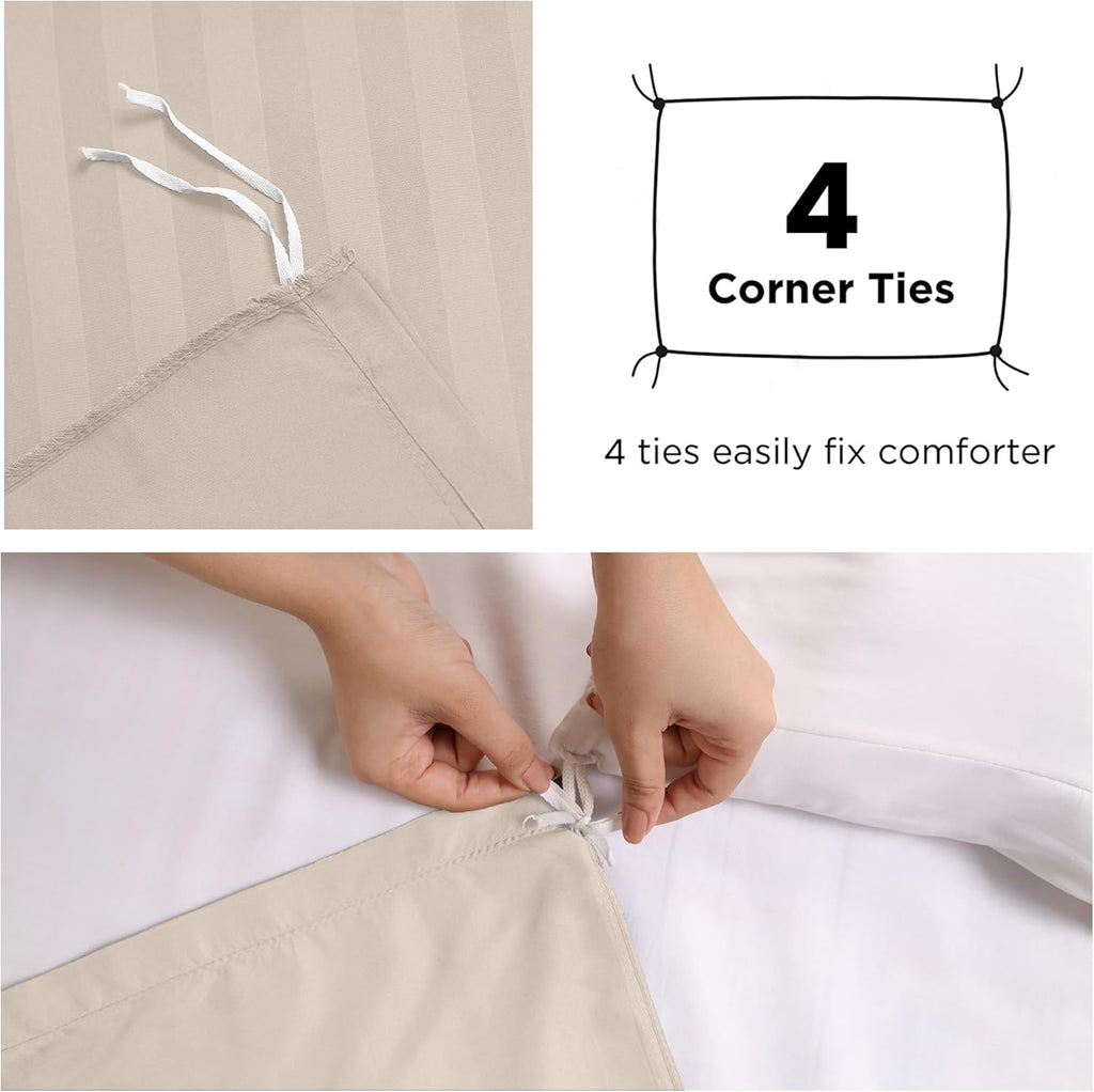 Imperial Rooms King Size Duvet Cover Sets Reversible Stripes Satin Bedding Set with Pillowcases Breathable Microfiber Duvet Covers (Beige 230x220 Cm)
