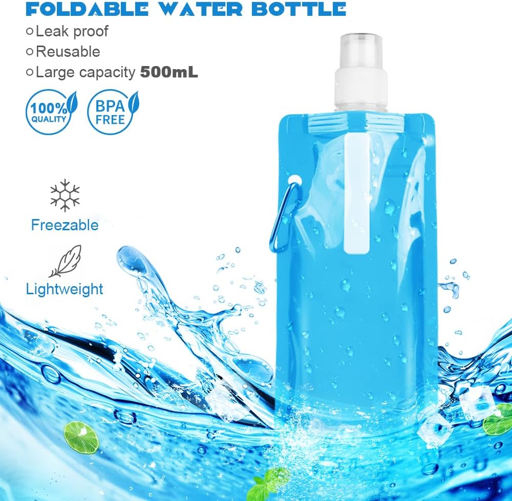 Foldable Sports Bottle, 6pcs Foldable Water Bottle 500mL, Reusable BPA Free Collapsible Water Bottle, Flexible Drink Pouches Bags with Clip for Outdoor Sports, Travel, Biking, Hiking