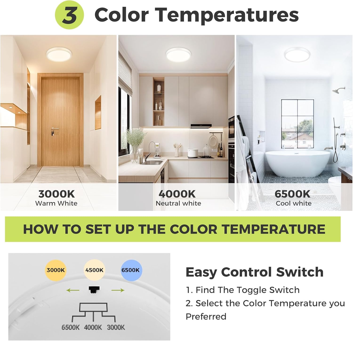 hepside LED Ceiling Light,3000K/4000K/6500K 3 Color Temperature, Waterproof IP54 LED Bathroom Light, Modern,Round Flush Ceiling Lamp for Bathroom, Kitchen,Bedroom,Hallway,Living Room, Bulkhead Secondary image