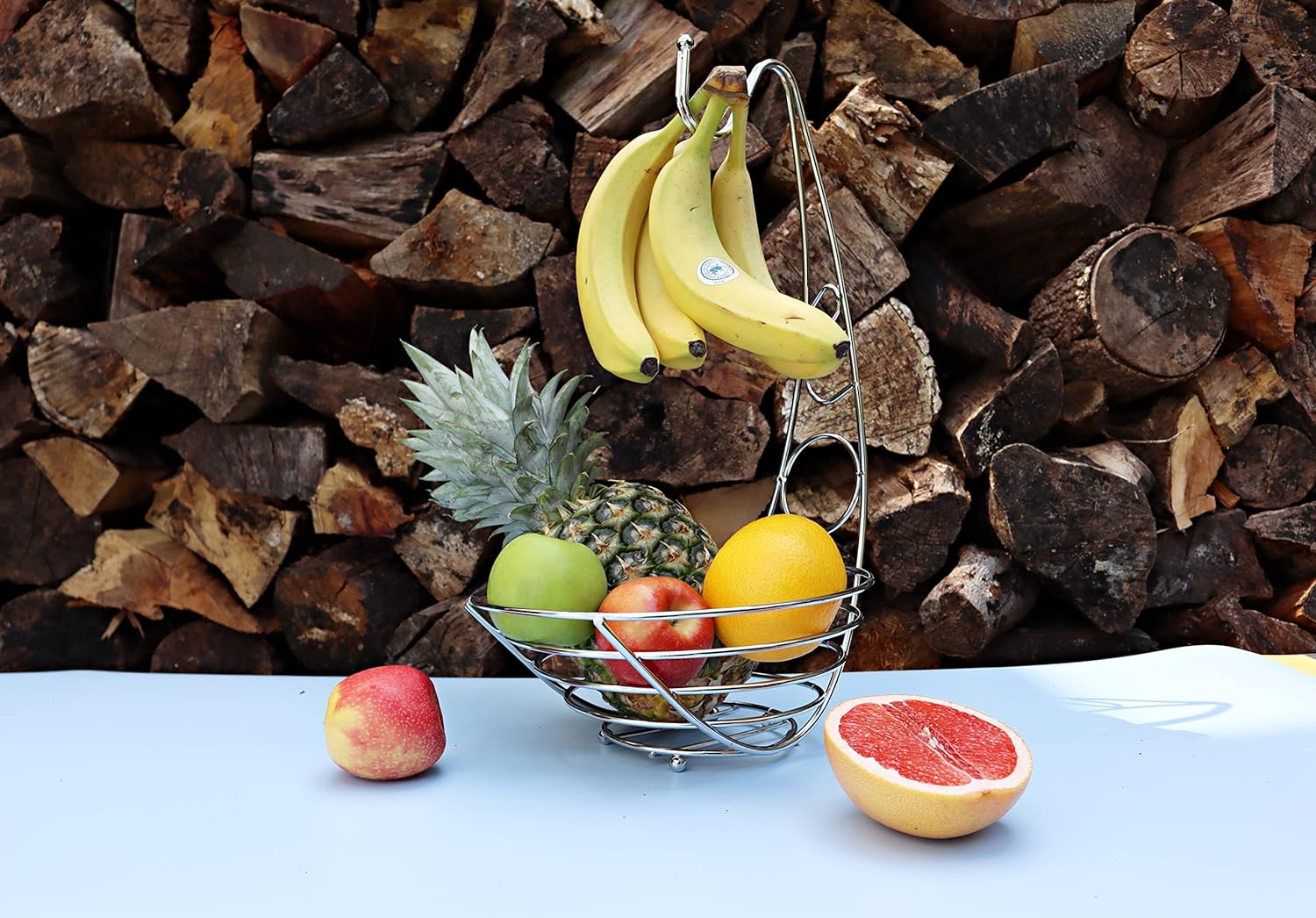 Fruit Basket Fruit Bowl with Banana Hook 43cm Tall, Wired Fruit Rack/Banna Stand Hanger - Silvery Chrome Finish