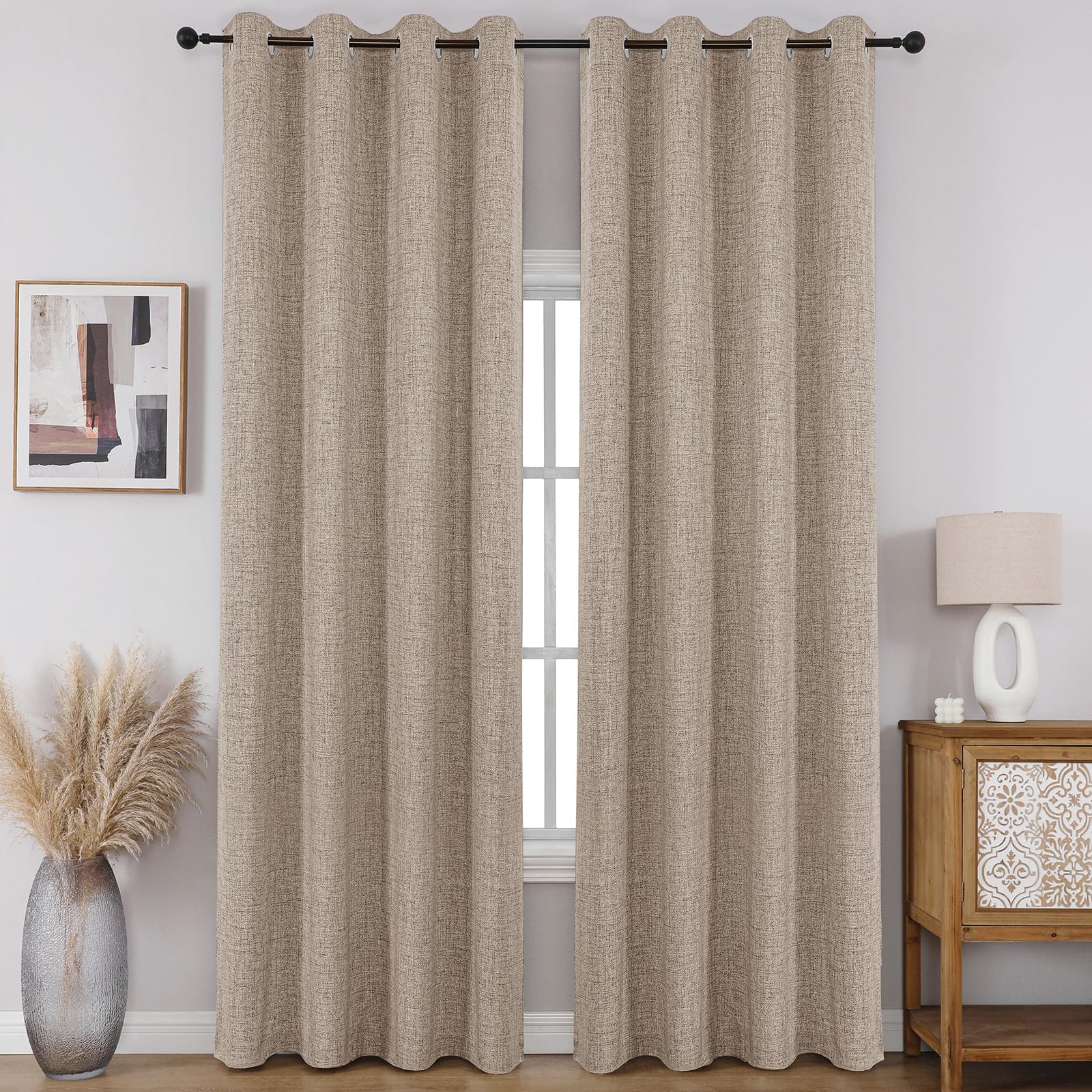 Full Blackout Window Curtains 84 inches Long,Faux Linen Look Thermal Insulated Grommet Drapes Panels for Bedroom Living Room,Set of 2(52 x 84 inches, Light Khaki) Main image