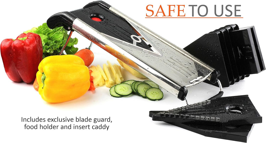 Mandoline Vegetable Slicer, Mandolin Slicer V Blade Cutter, Julienne and Food Grater. Great for Onions, Potatoes and Tomatoes. Includes 6 Inserts, and Cut Proof Gloves. Stainless Steel