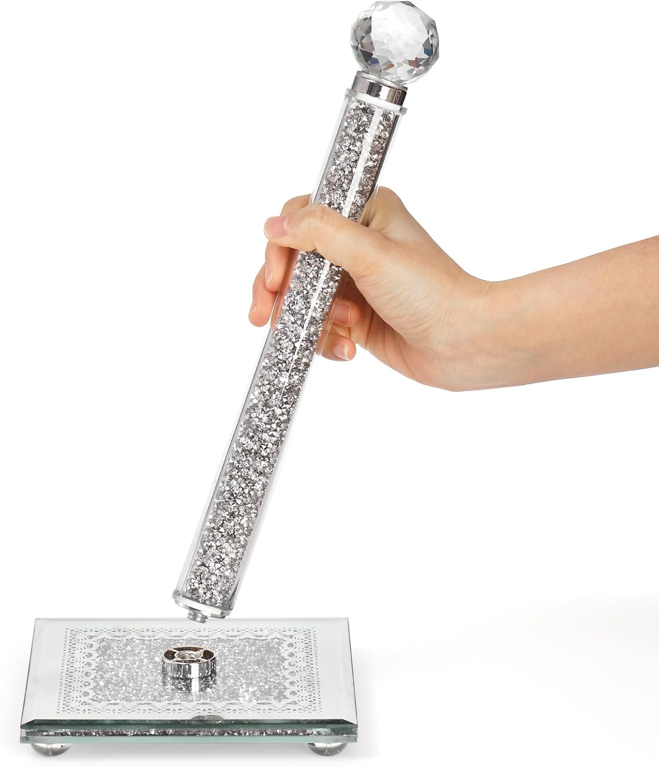 Suwimut Paper Towel Holder Countertop, Silver Standing Paper Towel Roll Dispenser Holder with Square Weighted Base, Tissue Holder Filled with Sparkly Crystal Crushed Diamond for Kitchen Bathroom