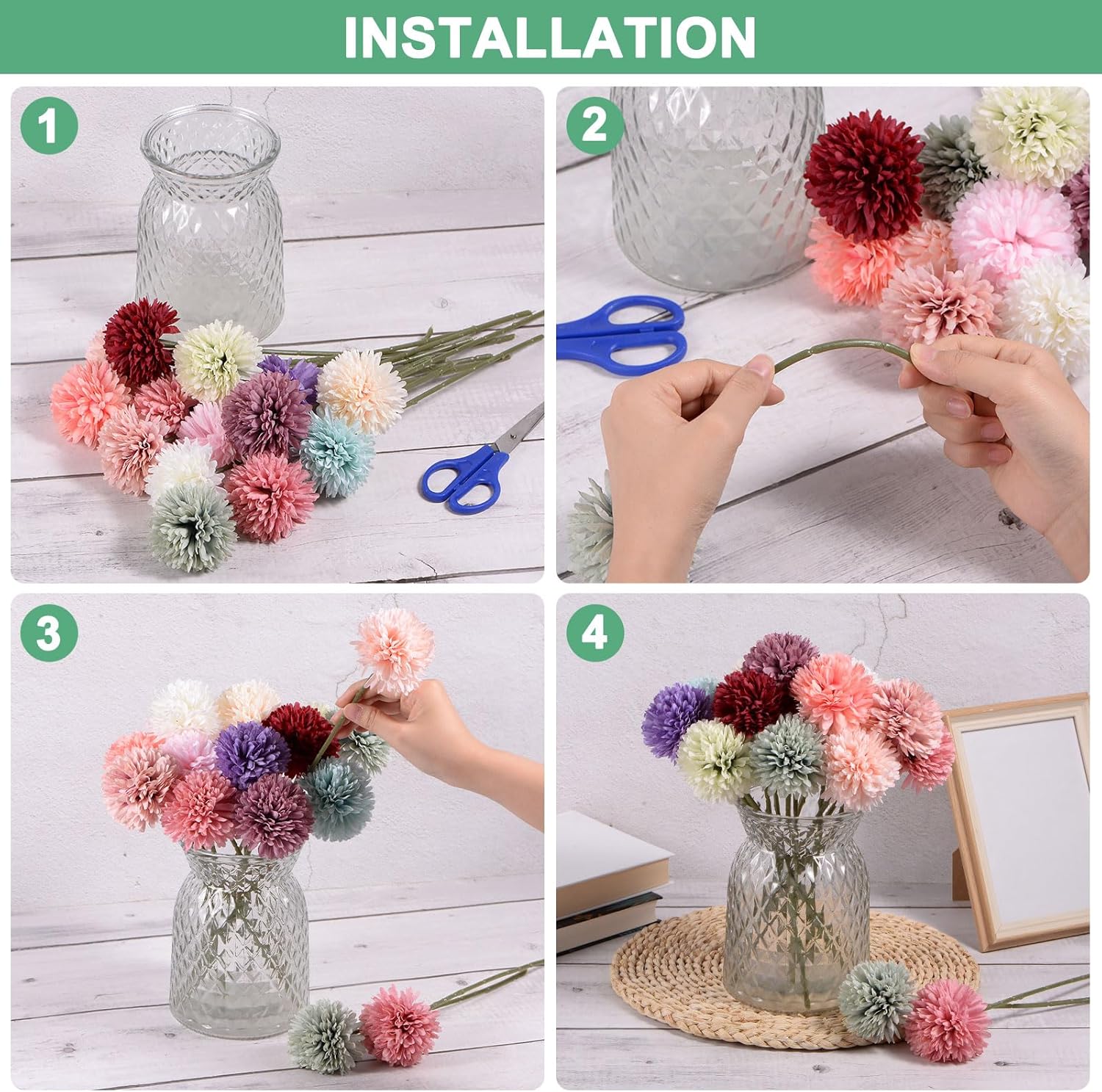6-Pack Artificial Chrysanthemum Ball Flowers,11 Inch Faux Chrysanthemum Silk Bouquets Real Touch Faux Flowers for Home/Wedding/Christmas/Party[Silver]