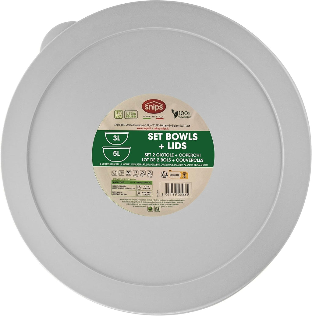 Salad Bowl for Salad and Vegetables, Salad Bowl Set 3 and 5L, Bowl with Lid to Save Freshness Resistant Washable, Stackable Food Containers, Kitchen Bowls White Made in Italy