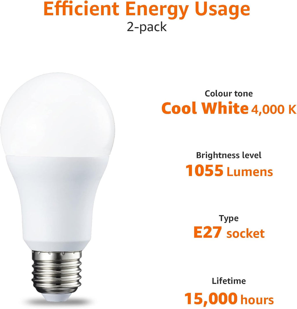 LED E27 Edison Screw Bulb, 10W (Equivalent to 75W), Cool White, Non Dimmable - Pack of 2