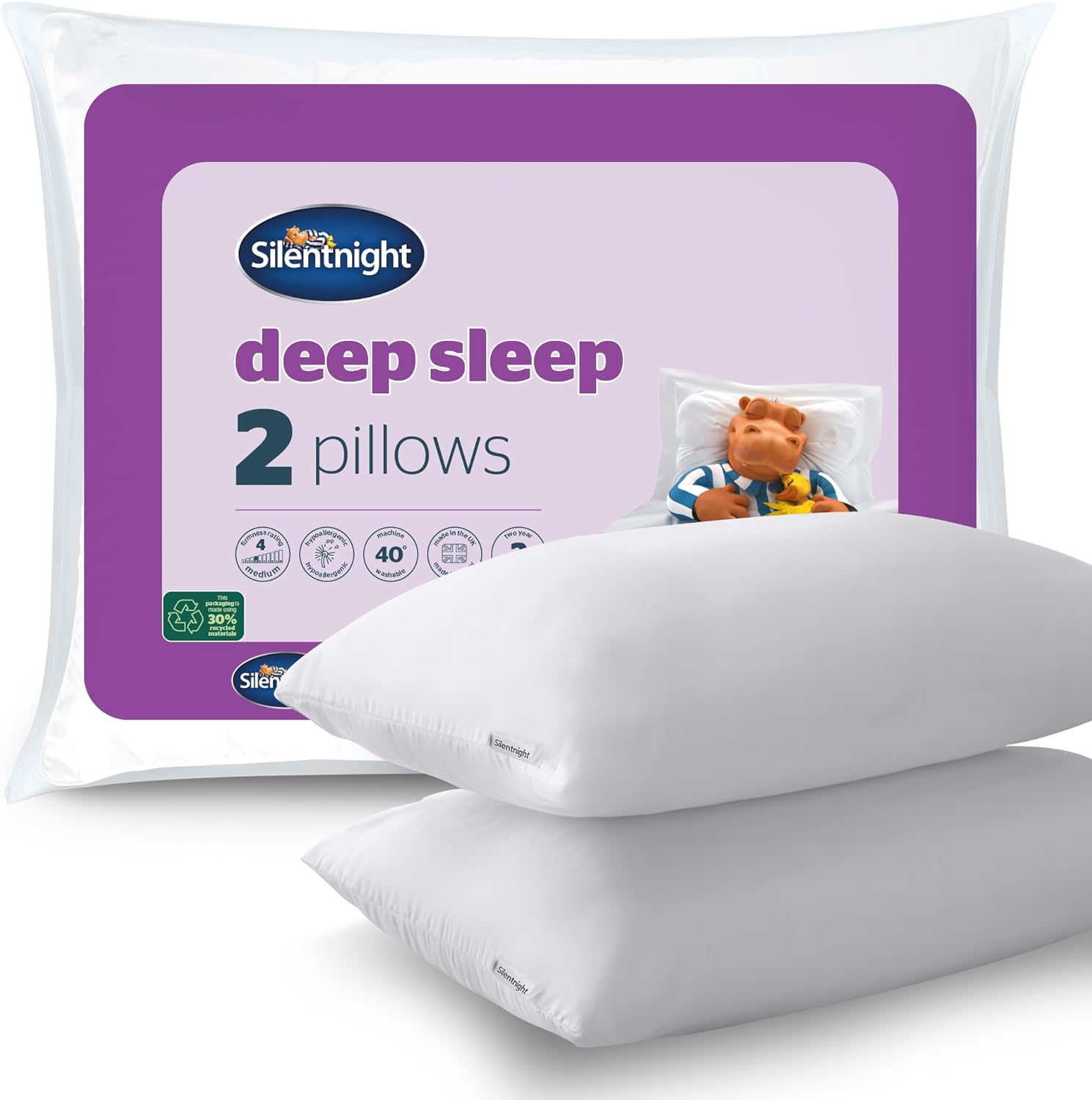 Deep Sleep Pillows 2 Pack – Medium Support Comfortable Hollowfibre Bed for Front, Back and Side Sleepers Machine Washable Hypoallergenic of Standard Size, White Main image
