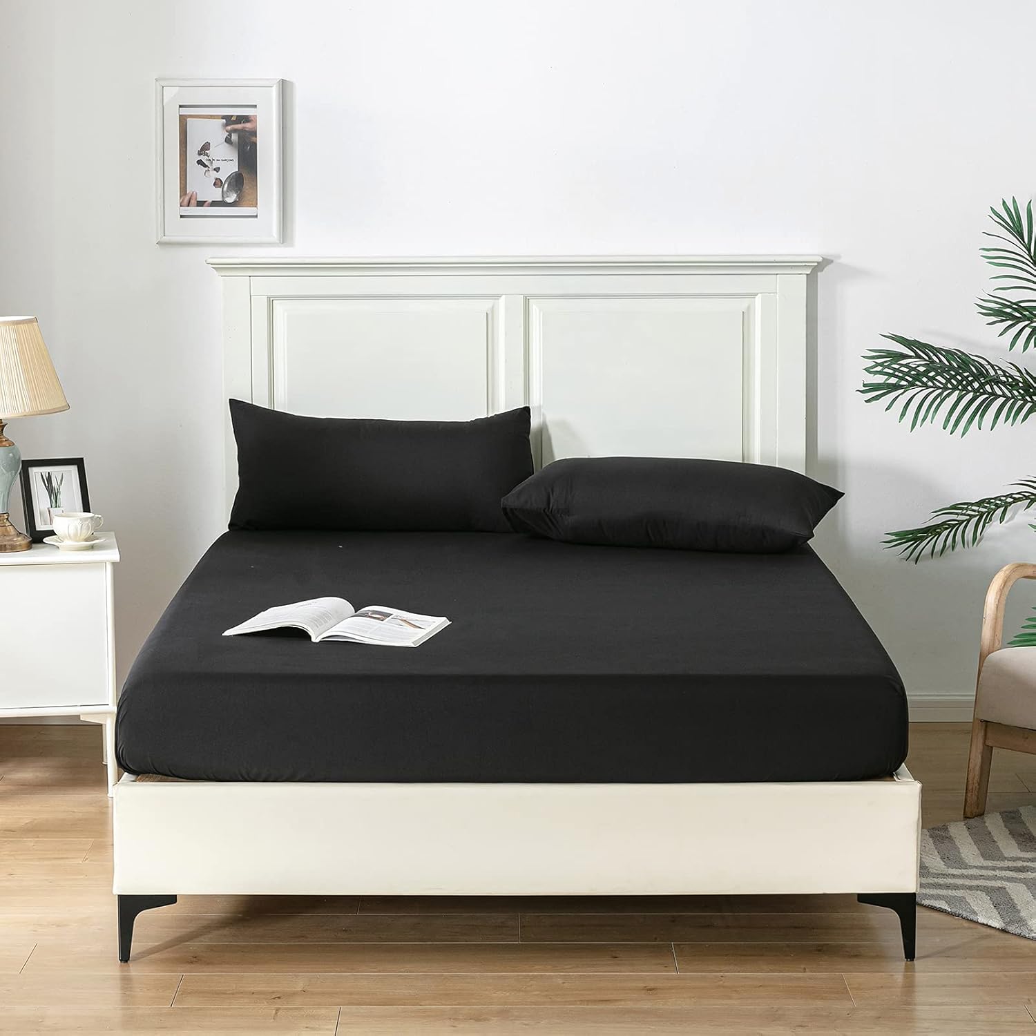Double Fitted Sheet Bed Sheets 25CM Extra Deep Pocket Soft and Breathable Fitted Bedding Sheets (Black, Double)