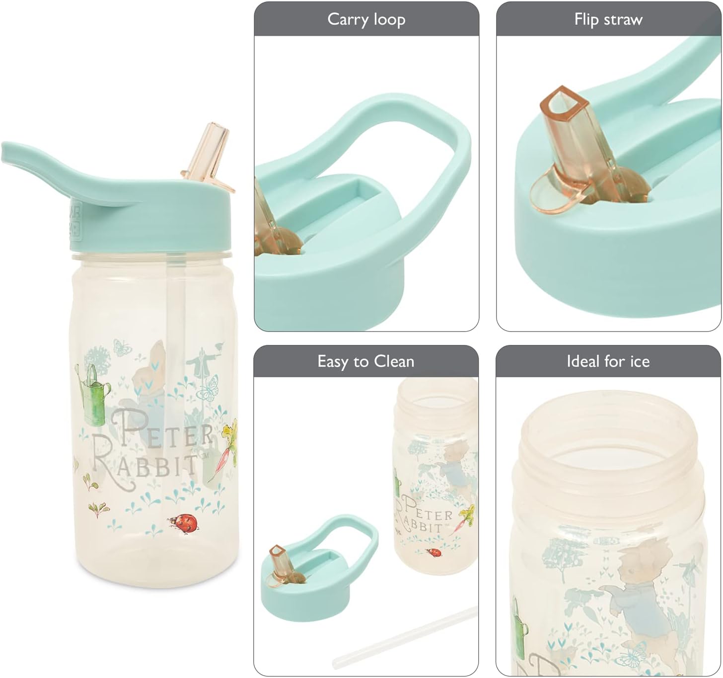 Peter Rabbit Classic Water Bottle with Flip up Straw 400ml –Official Merchandise by Polar Gear – Kids Reusable Non Spill BPA Free - Recyclable Plastic – For School Nursery Sports Picnic – Blue