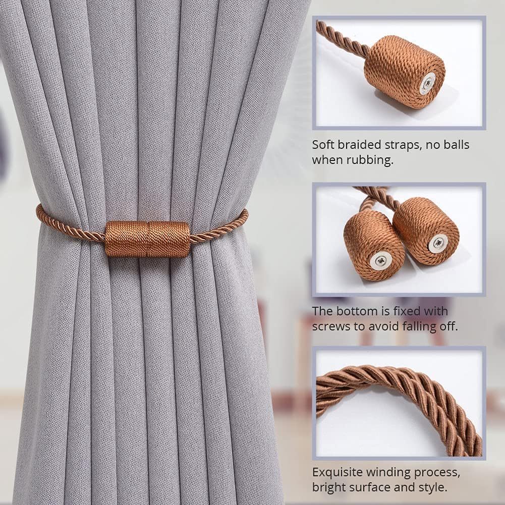 4 Pack Magnetic Curtain Tiebacks 16 Inch Handmade Weave Side Rope Curtain Holdbacks Convenient Decorative Cylinder Curtain Drape Tie Backs for Home & Office Window Drapery (Light Coffee)