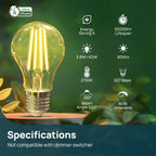 E27 LED Bulb, Energy Class A 3.8W=60W Equivalent, 2700K Warm White 806lm, Edison Screw in Light Bulb, Clear Glass Vintage Filament LED Bulb, 50000H Lifespan, 2-Pack
