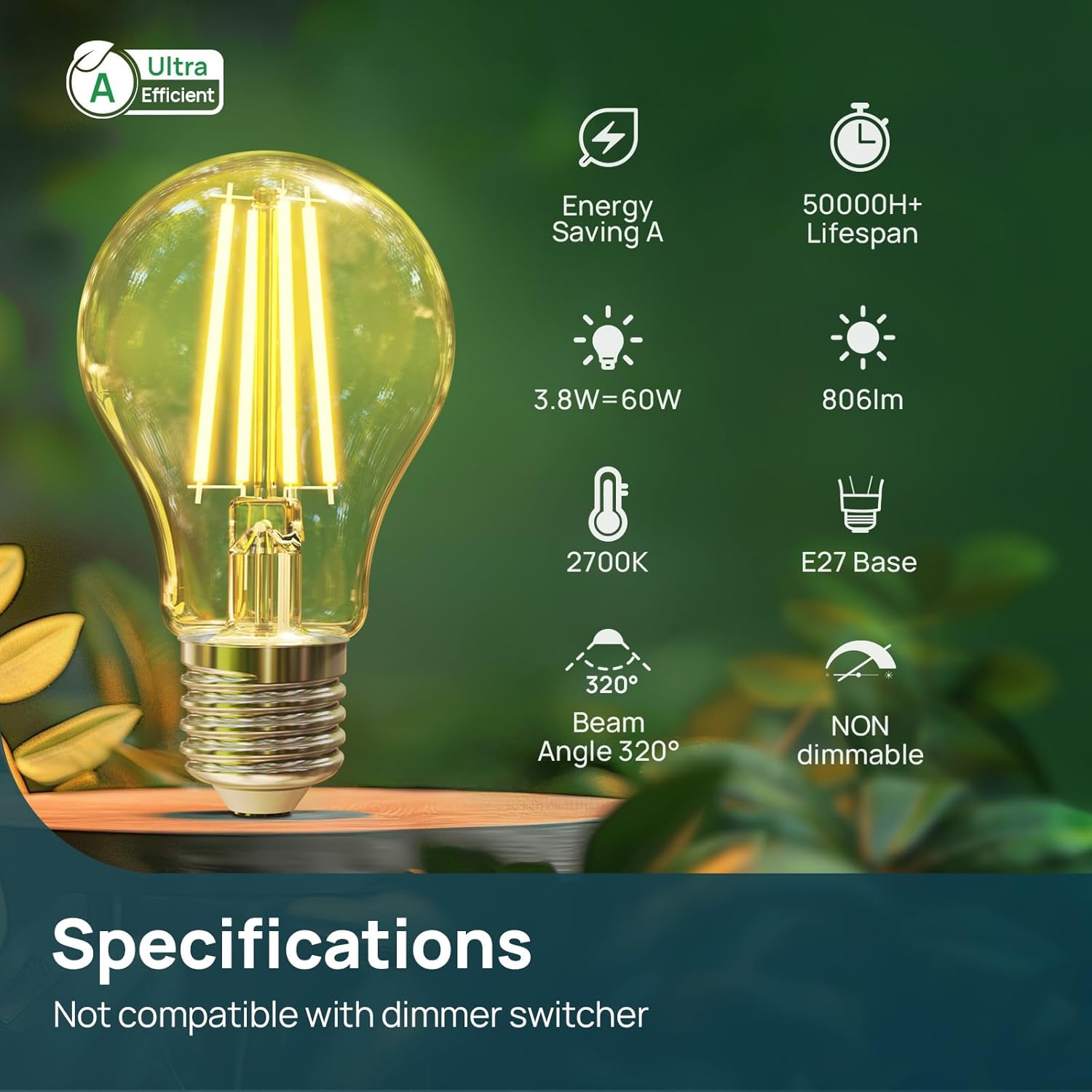 E27 LED Bulb, Energy Class A 3.8W=60W Equivalent, 2700K Warm White 806lm, Edison Screw in Light Bulb, Clear Glass Vintage Filament LED Bulb, 50000H Lifespan, 2-Pack Secondary image