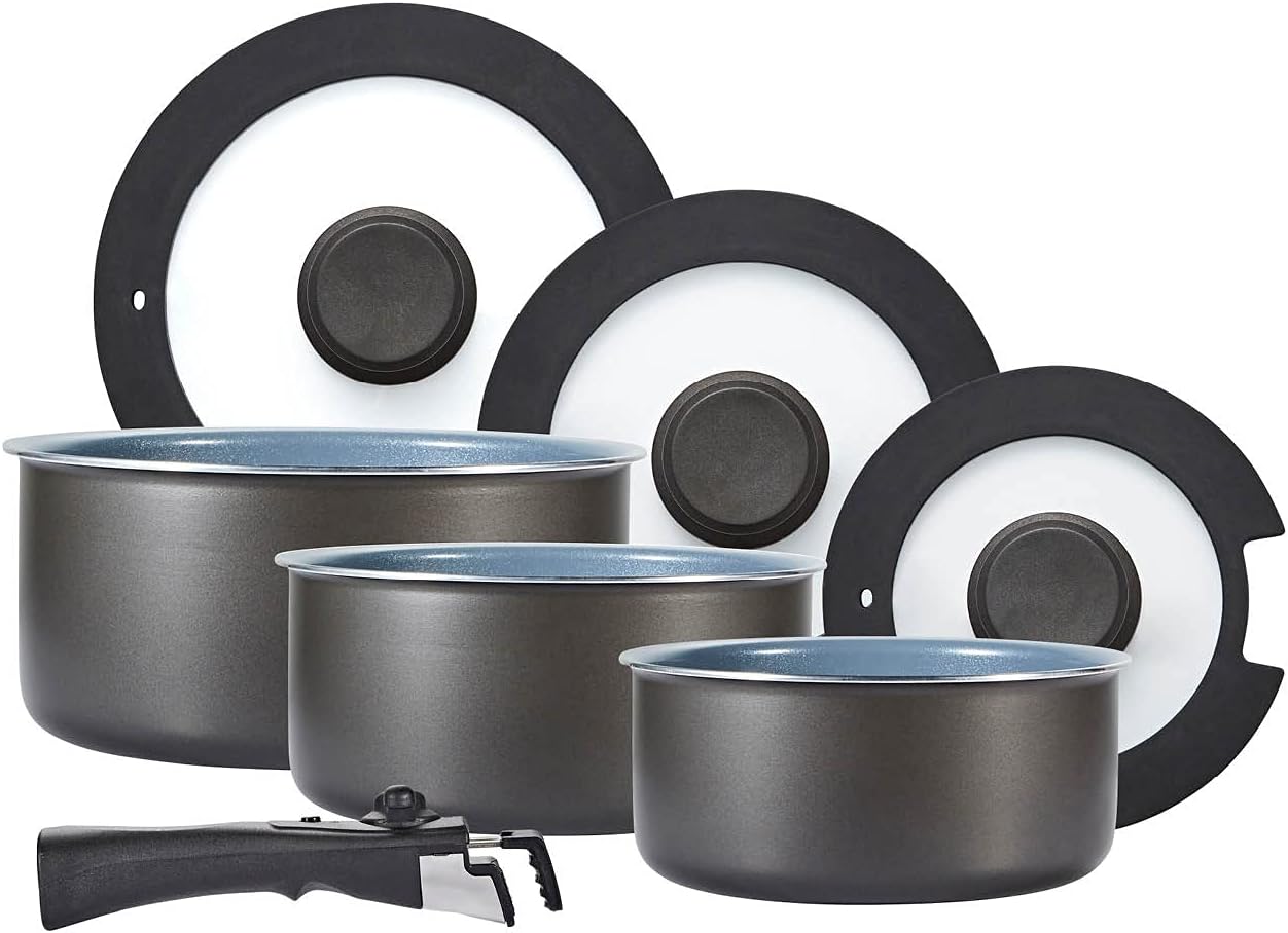 Freedom T800201 7 Piece Cookware Set with Ceramic Coating, Stackable Design and Detachable Handle, Graphite, Aluminium, Black