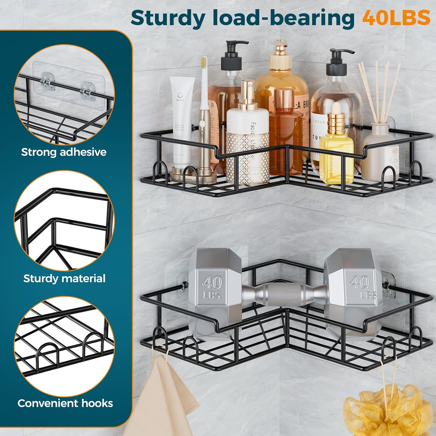 Vinabo Corner Shower Caddy, 2 Pack Rustproof Bathroom Shelves, Shower Shelf No Drilling, Adhesive Bathroom Organiser Accessory with Hooks, Black
