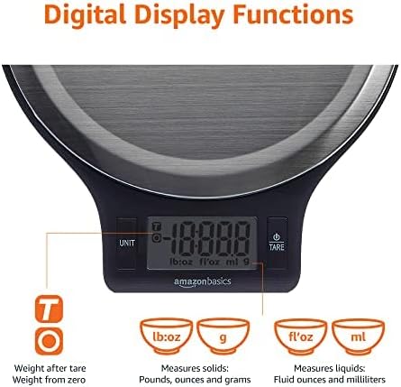 Digital kitchen scales with LCD display (with batteries), Black and Stainless Steel, BPA free, Weighs up to 11 pounds