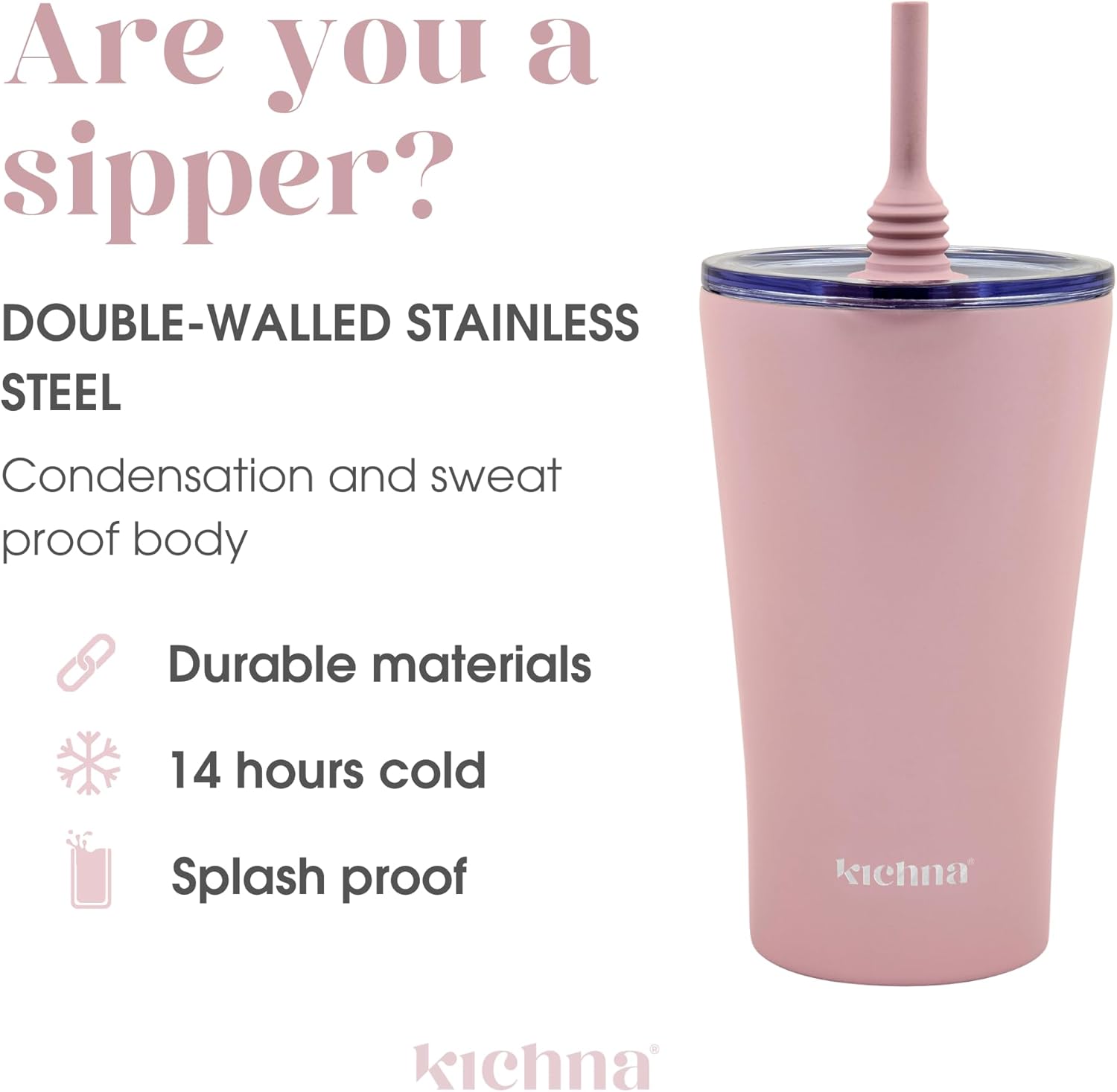 The Sipper Double Walled Stainless Steel Coffee, Water Tumbler 550ml | Wide Mouth, Flexible & Removable Straw with Splash & Leak Proof with Silicon Lid | Keeps Cold for 14Hrs | Blush Pink